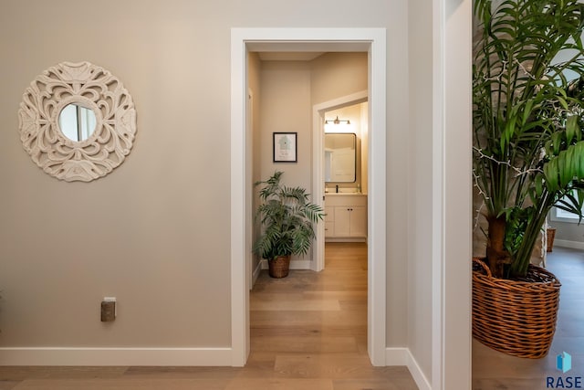 corridor with light hardwood / wood-style floors and sink