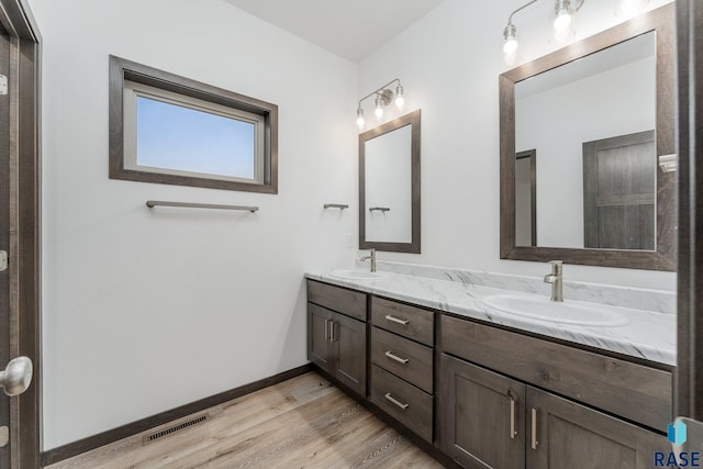 bathroom with hardwood / wood-style floors and vanity