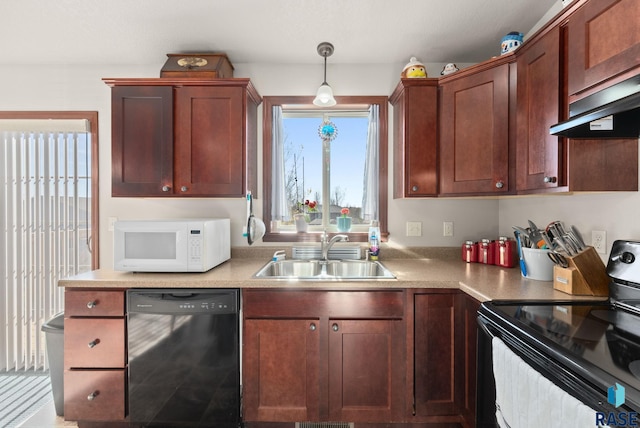 kitchen featuring dishwasher, exhaust hood, sink, hanging light fixtures, and range with electric stovetop