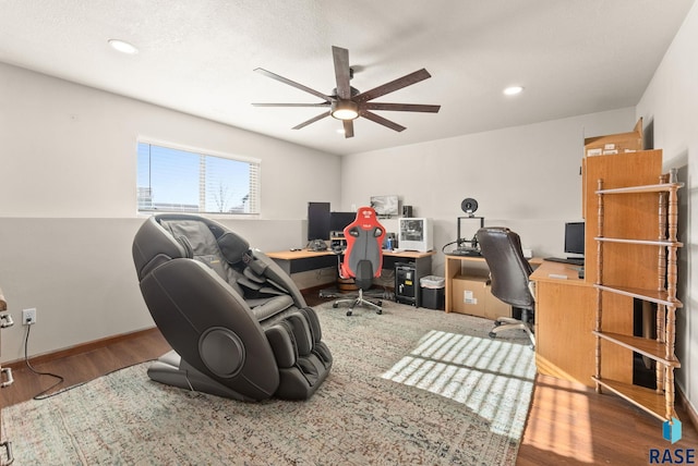 home office with ceiling fan and wood-type flooring