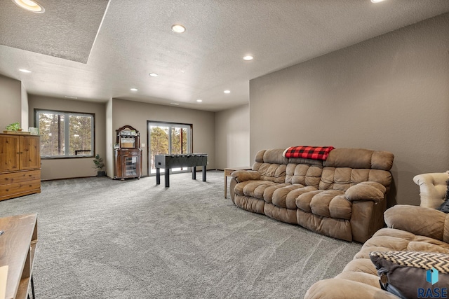 living room featuring carpet floors and a textured ceiling