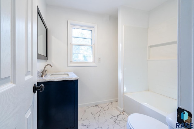 full bathroom featuring toilet, vanity, and washtub / shower combination