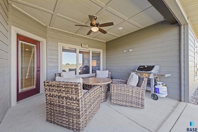 view of patio featuring ceiling fan and area for grilling