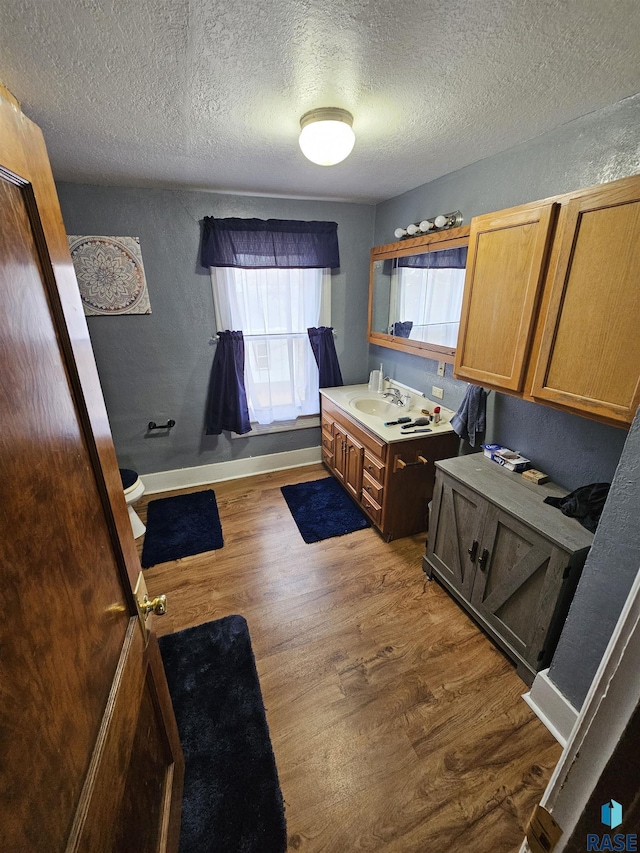 bathroom with a textured ceiling, hardwood / wood-style floors, and vanity