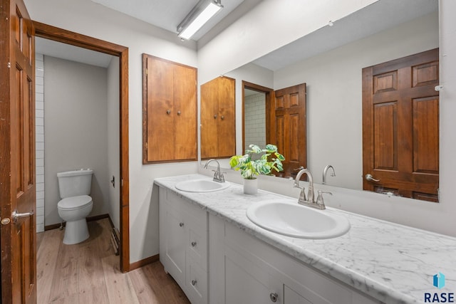 bathroom featuring toilet, double vanity, a sink, and wood finished floors