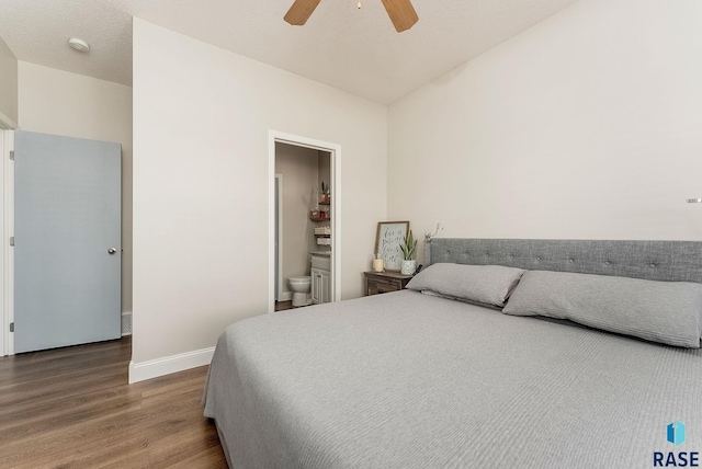 bedroom featuring ceiling fan, connected bathroom, and wood-type flooring