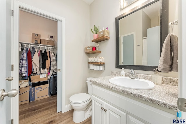 bathroom featuring toilet, vanity, and hardwood / wood-style floors