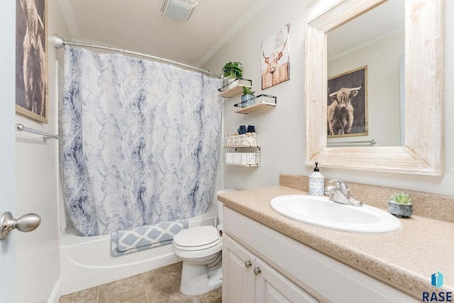 full bathroom with toilet, vanity, shower / tub combo, a textured ceiling, and ornamental molding