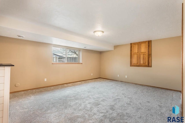 basement featuring light colored carpet