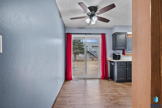 doorway featuring ceiling fan, light hardwood / wood-style floors, and a textured ceiling