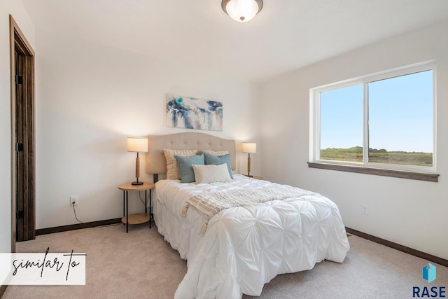 bedroom with light colored carpet