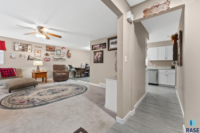 living room with ceiling fan