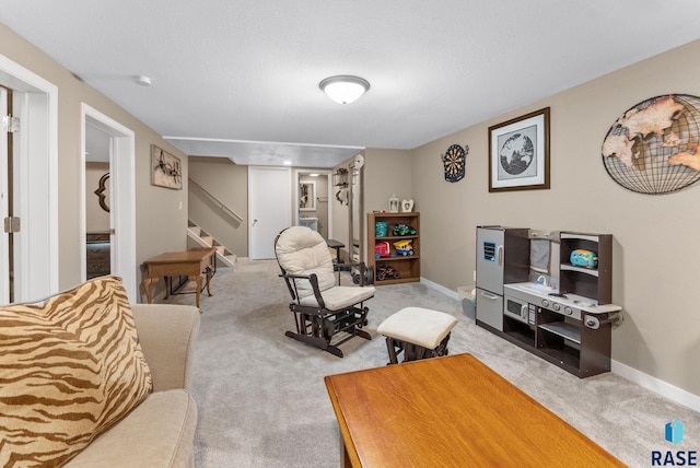 living room featuring light carpet