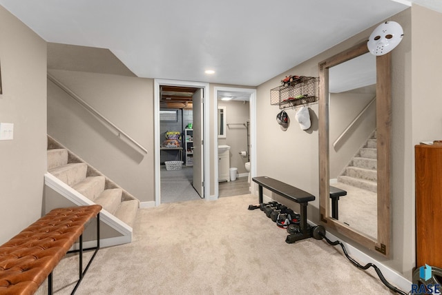 interior space featuring light colored carpet