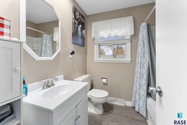 bathroom featuring toilet, vanity, and wood-type flooring