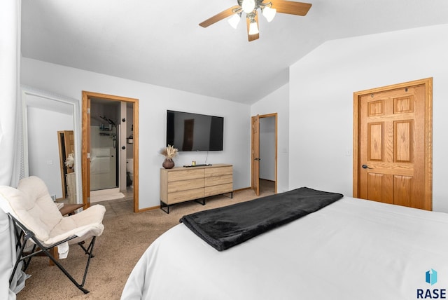 carpeted bedroom with lofted ceiling and ceiling fan