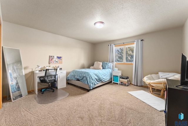 bedroom with a textured ceiling and carpet flooring