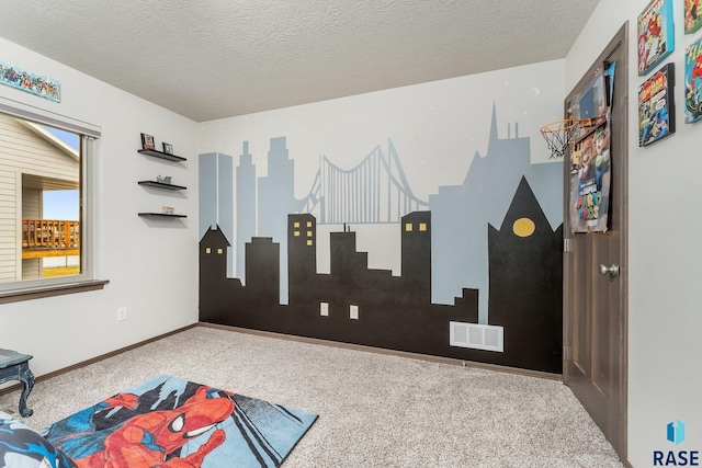 interior space with carpet floors and a textured ceiling