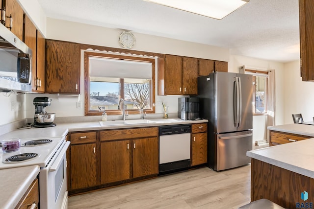 kitchen featuring sink, stainless steel appliances, light hardwood / wood-style floors, and a textured ceiling