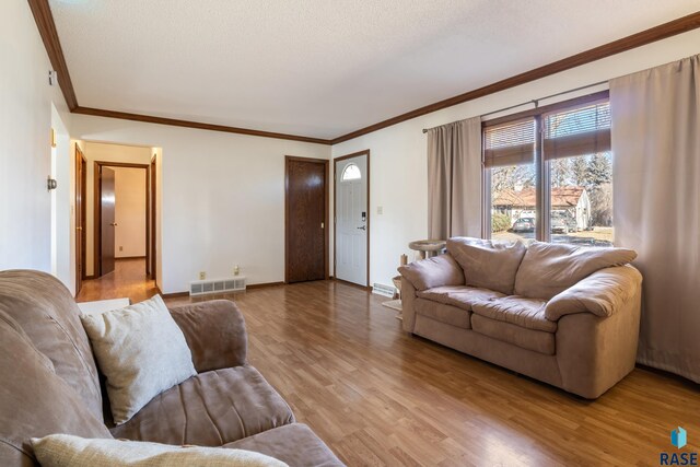 living room featuring light wood-type flooring and ornamental molding