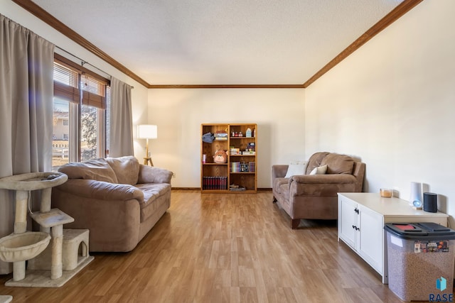 living room with crown molding, light hardwood / wood-style flooring, and a textured ceiling