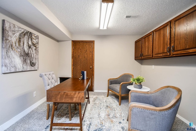 office space featuring light carpet and a textured ceiling