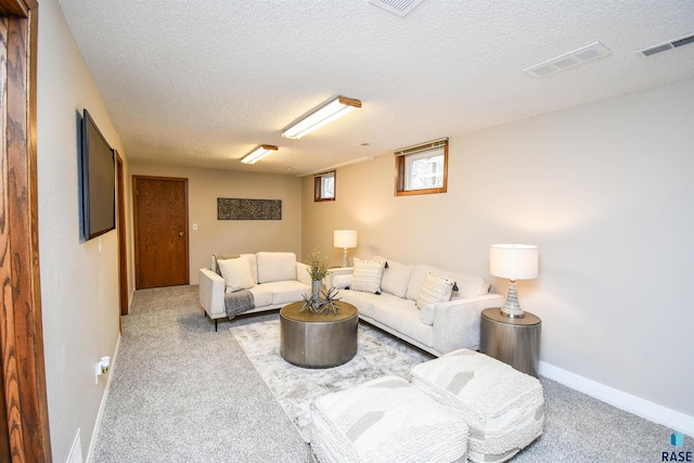 carpeted living room with a textured ceiling