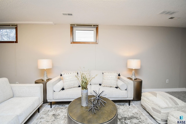 carpeted living room with a textured ceiling