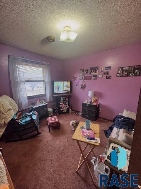 bedroom featuring a textured ceiling and carpet