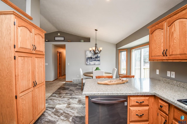 kitchen with dishwashing machine, pendant lighting, lofted ceiling, an inviting chandelier, and dark carpet