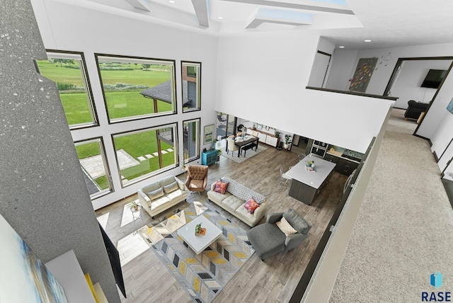 living room featuring a towering ceiling and light wood-type flooring