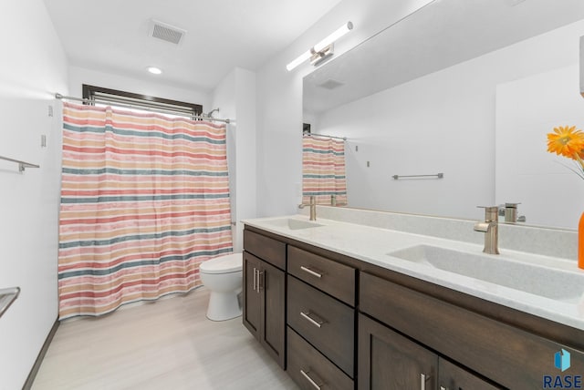 bathroom featuring vanity, toilet, and a shower with curtain