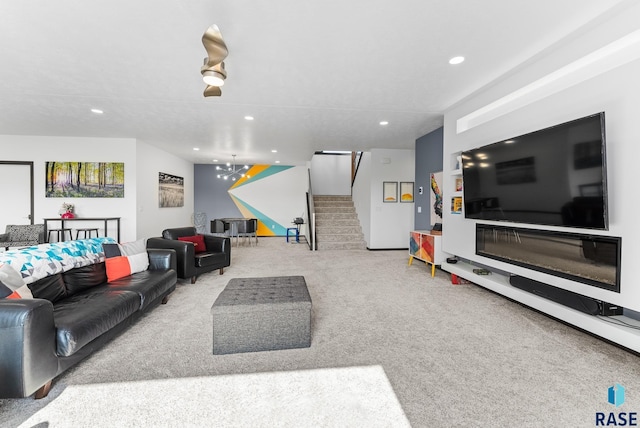 living room featuring light colored carpet