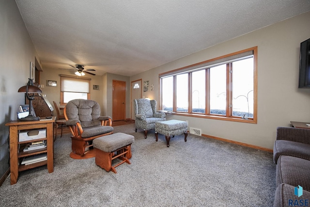 living room with carpet and a textured ceiling