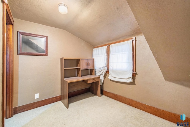 additional living space with light colored carpet, vaulted ceiling, and a textured ceiling