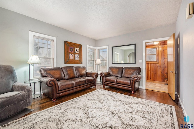 living room featuring dark hardwood / wood-style floors and a textured ceiling