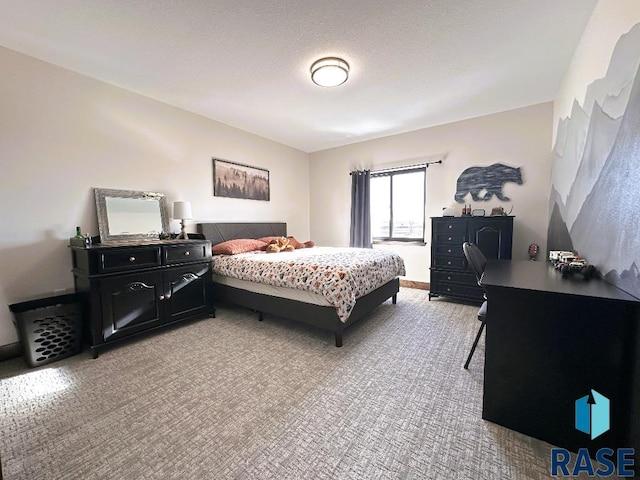 carpeted bedroom with a textured ceiling