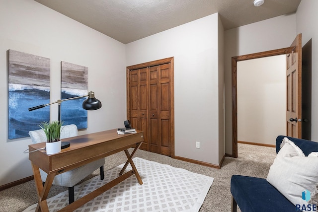 office with light carpet and a textured ceiling