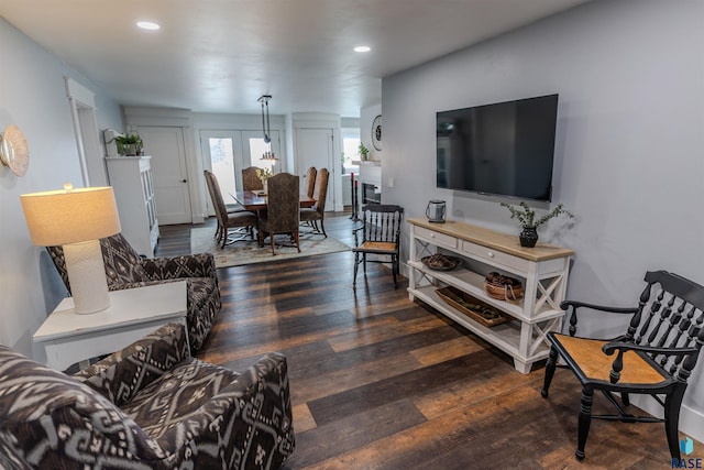 living room featuring dark wood-type flooring