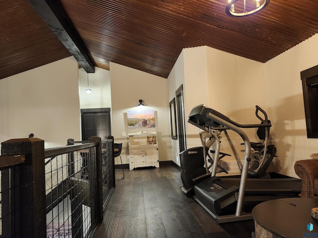 exercise area featuring vaulted ceiling, wooden ceiling, and dark hardwood / wood-style flooring