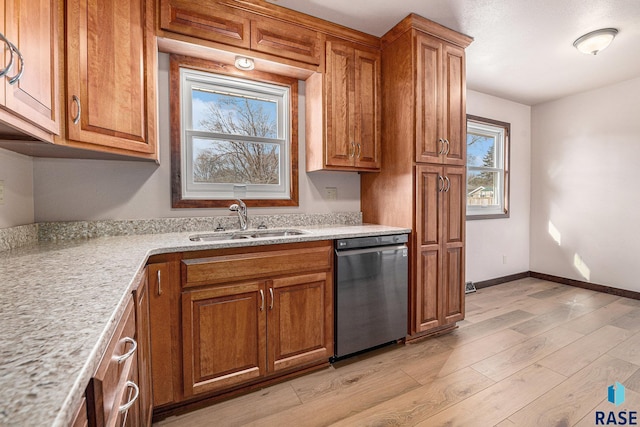 kitchen featuring sink, stainless steel dishwasher, light stone counters, and light hardwood / wood-style flooring