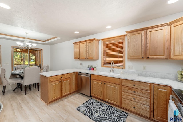 kitchen with pendant lighting, sink, electric stove, stainless steel dishwasher, and kitchen peninsula