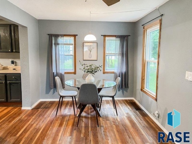 dining space with wood-type flooring