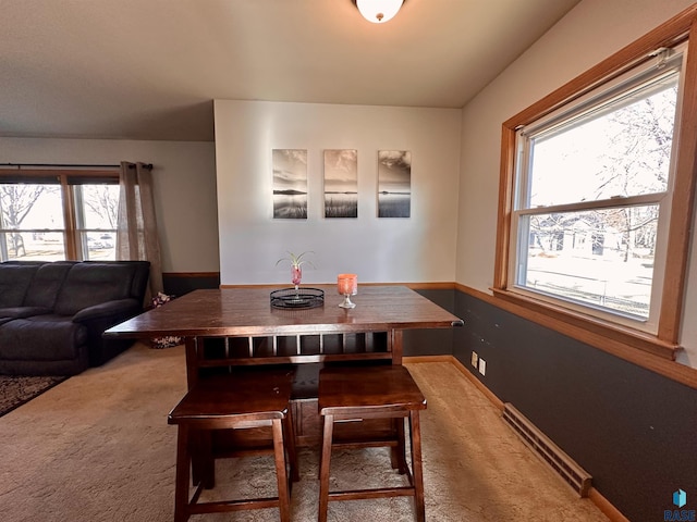 dining area with baseboard heating, a healthy amount of sunlight, and carpet flooring