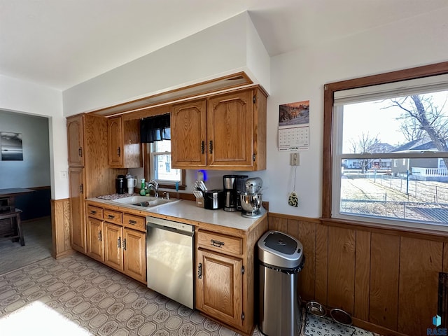 kitchen with a healthy amount of sunlight, wooden walls, dishwasher, and sink