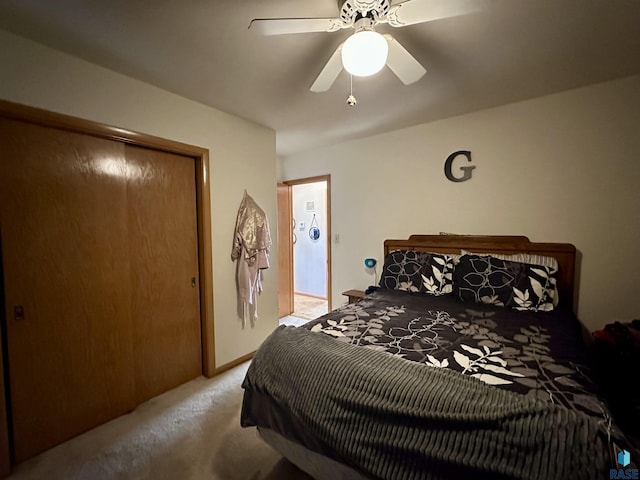 bedroom with light colored carpet and ceiling fan