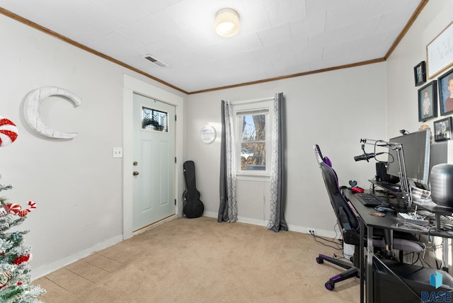 carpeted office space with ornamental molding