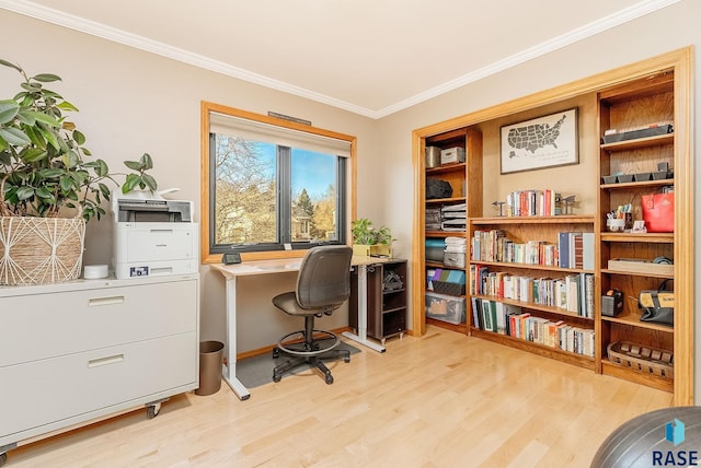 office area featuring crown molding and light wood-type flooring