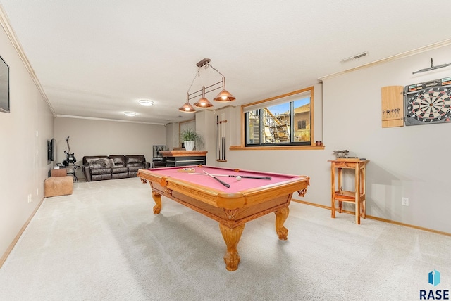 game room with crown molding, carpet flooring, and pool table