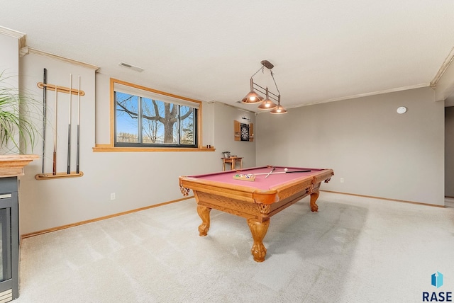 playroom featuring light colored carpet, ornamental molding, and pool table